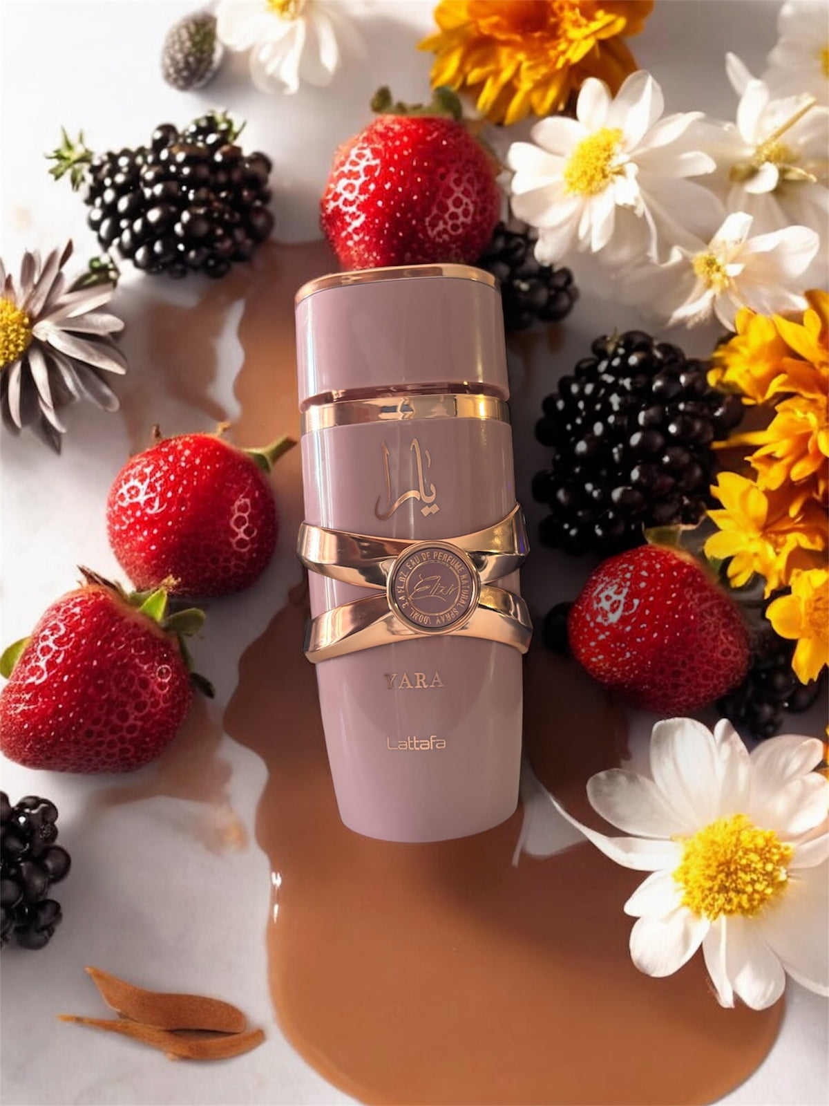 Yara Elixir 100ml by Lattafa surrounded by strawberries and flowers